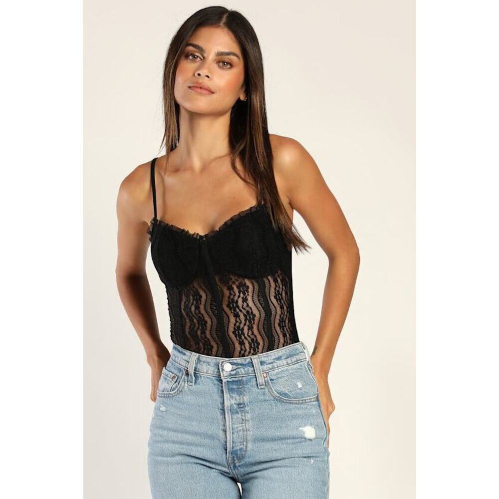 Lulus Flirty Nights Black Lace Sheer Sleeveless Bustier Bodysuit - Size M